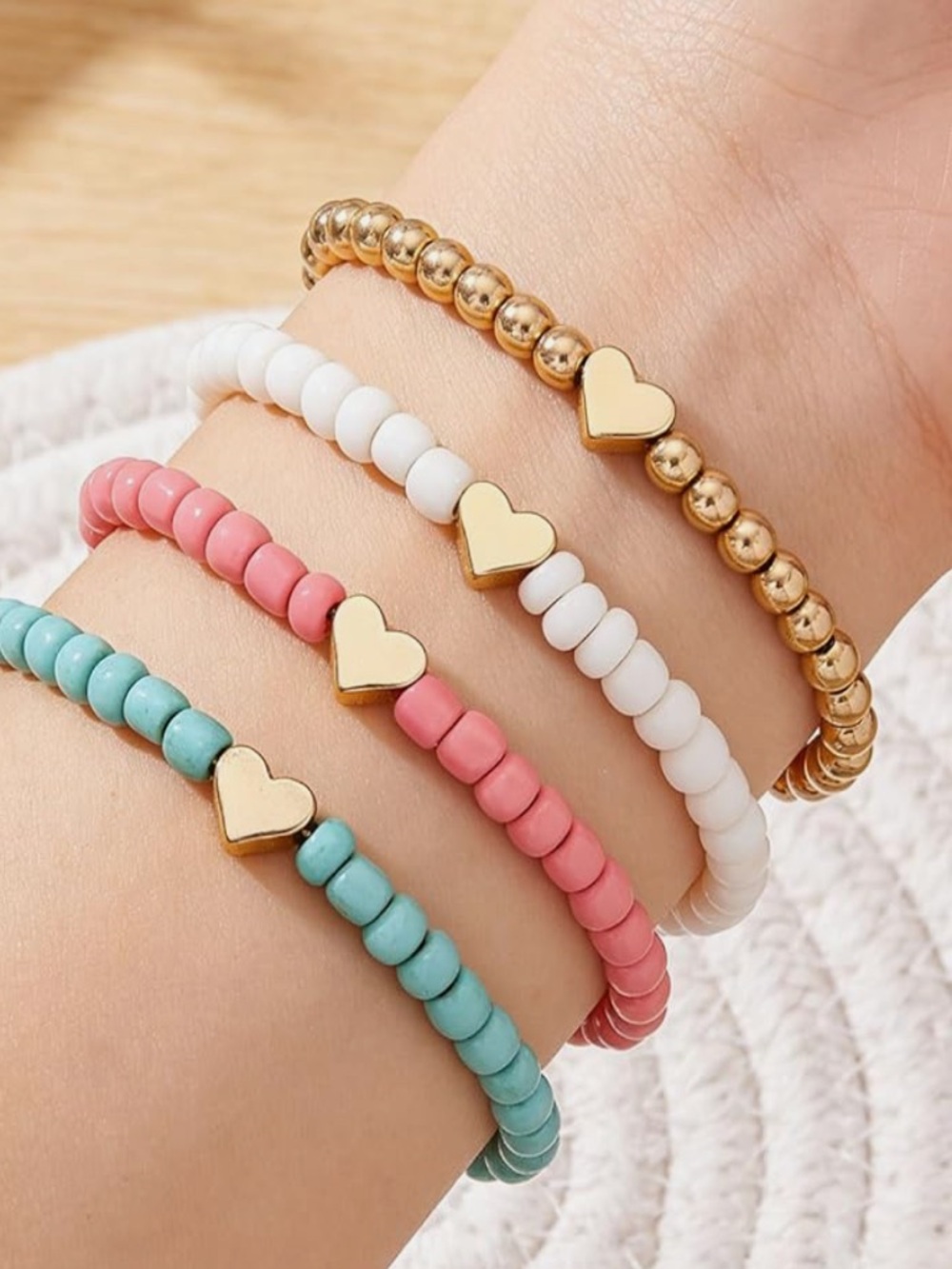 Stackable Heart Beaded Bracelet Set - Gold, White, Pink, Teal